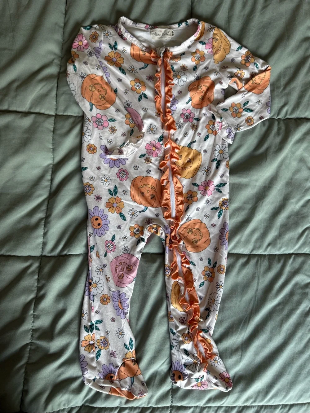 Girls' Floral Pumpkin Ruffle Footed Pajama One-Piece - White & Orange